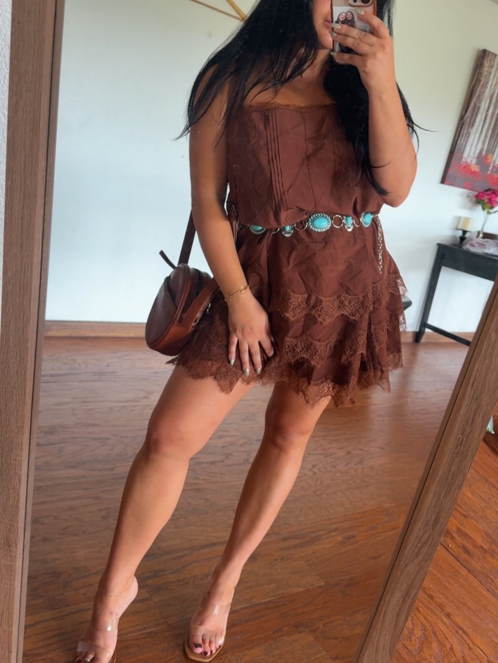 Brown Lace Trim Mini Dress